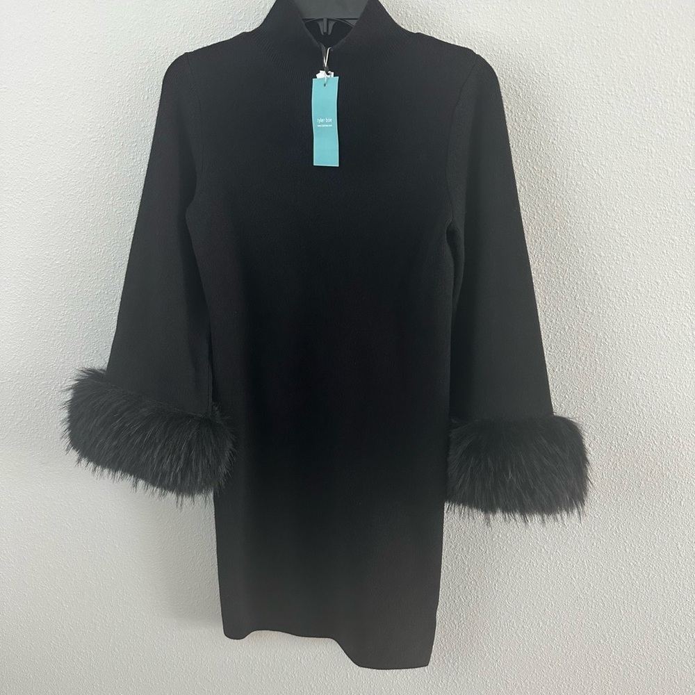 NWT Tyler Boe Black Dress with Faux Fur Cuffs - Picture 3 of 8